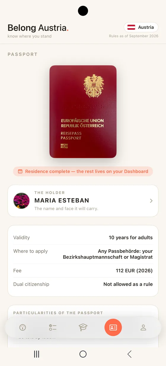 Belong Austria Passport tab on Android with the Austrian passport cover and the holder's name