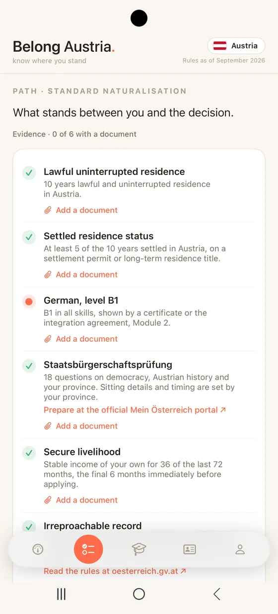 Belong Austria Path tab on Android with every requirement for the standard ten year route