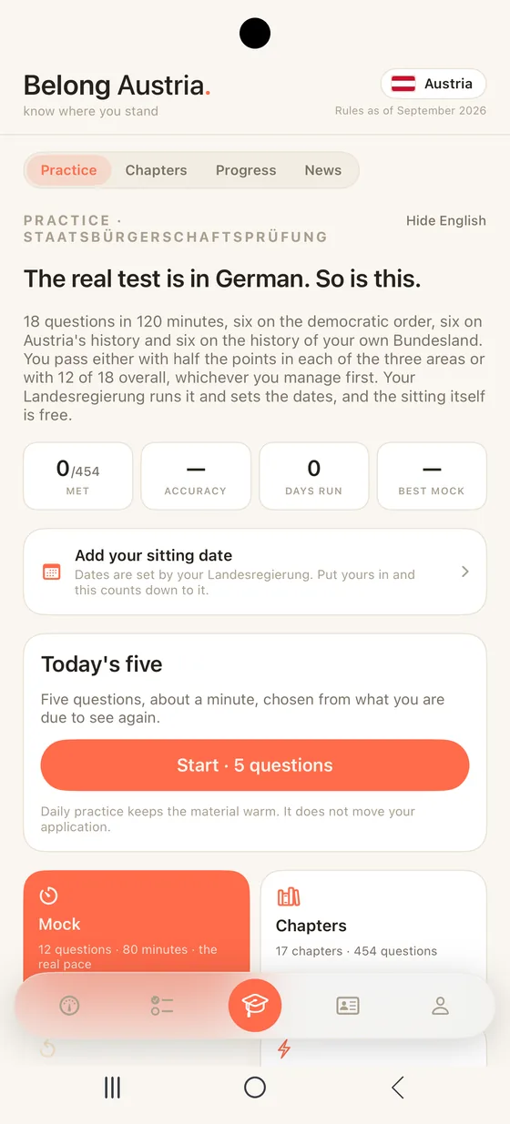 Belong Austria Practice tab on Android: Today's five, chapter drills and a mock at the real pace