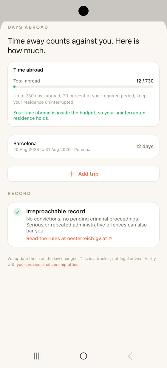 Belong Austria Standing tab on Android counting days abroad against the 730 day budget