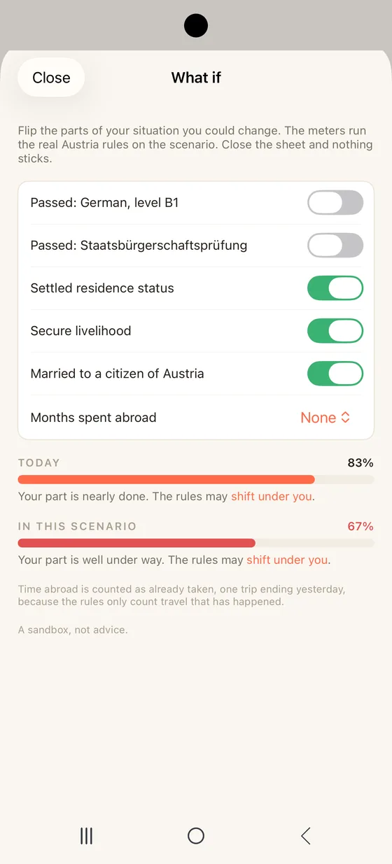 Belong Austria What if sheet on Android running a scenario