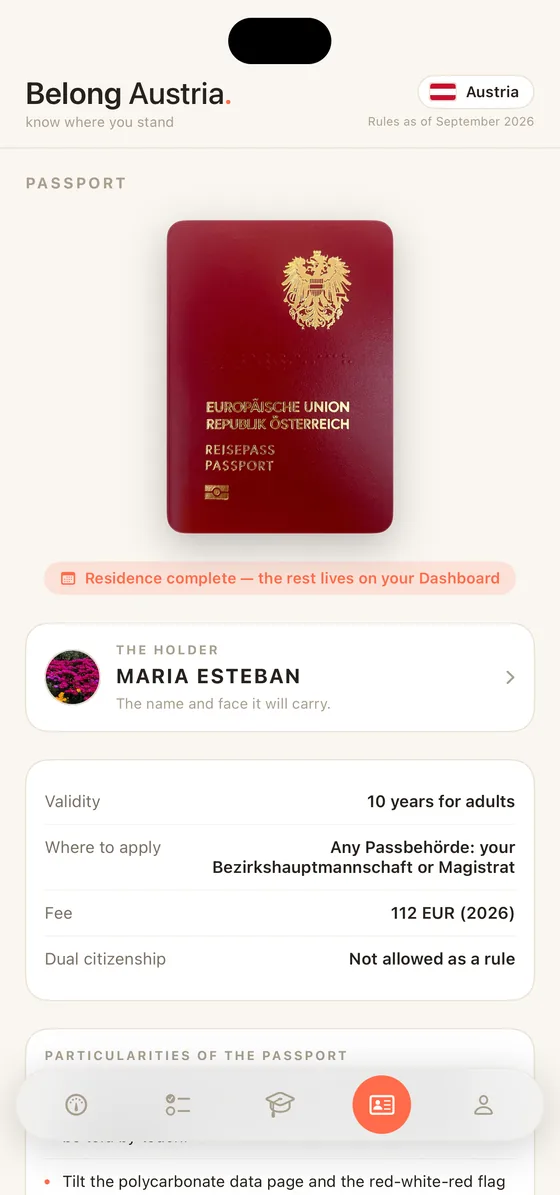 Belong Austria Passport tab on iPhone with the Austrian passport cover and the holder's name
