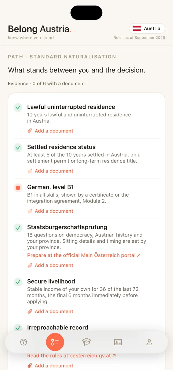 Belong Austria Path tab on iPhone with every requirement for the standard ten year route
