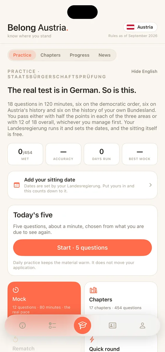 Belong Austria Practice tab on iPhone: Today's five, chapter drills and a mock at the real pace