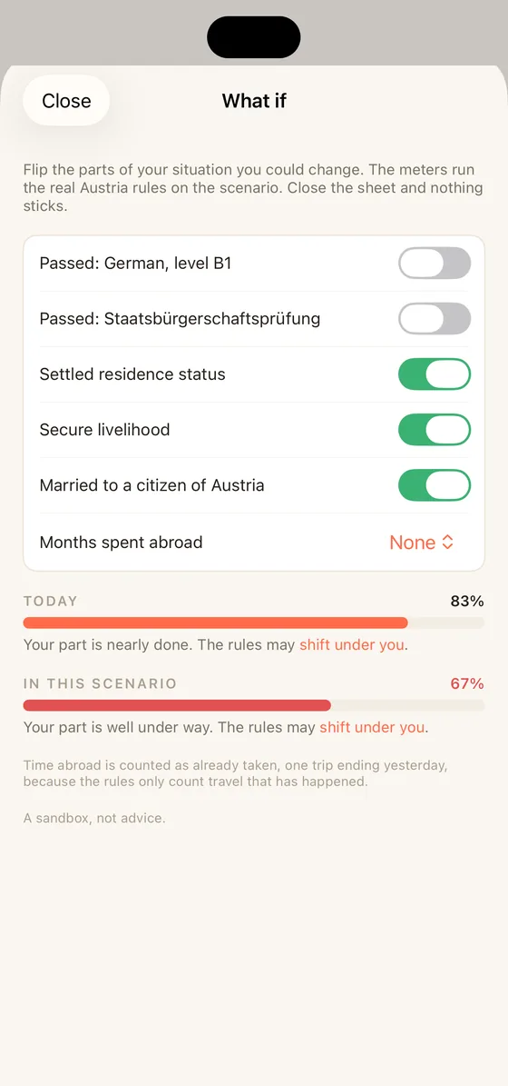 Belong Austria What if sheet on iPhone running a scenario